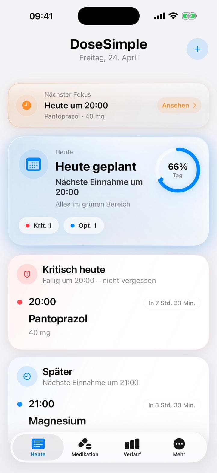 DoseSimple Heute-Ansicht mit nächstem Fokus, Tagesfortschritt und kommenden Einnahmen