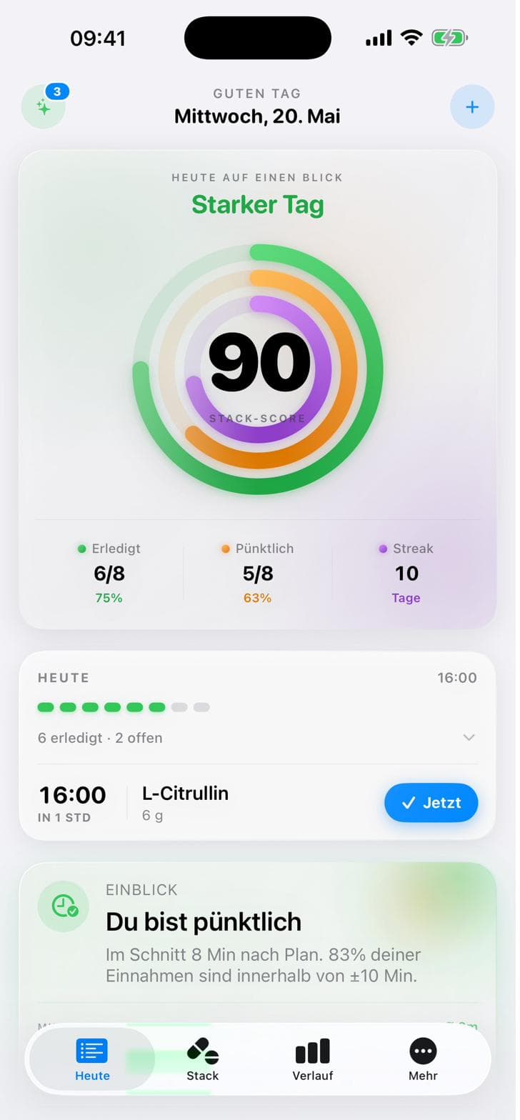 DoseSimple Heute-Ansicht mit TripleRing-Stack-Score, Erledigt-/Pünktlich-/Streak-Werten und nächstem Fokus