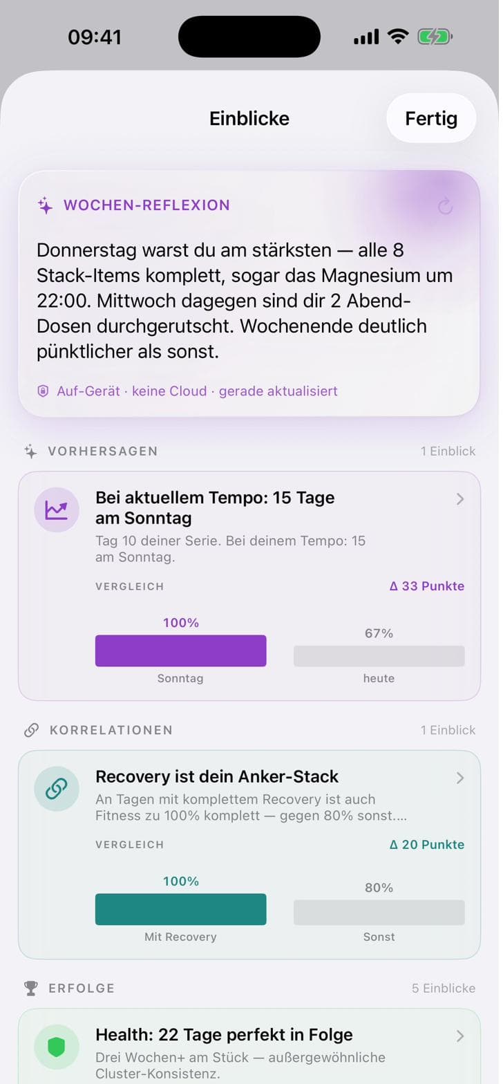 Wochen-Reflexion on-device mit Vorhersagen und Korrelationen
