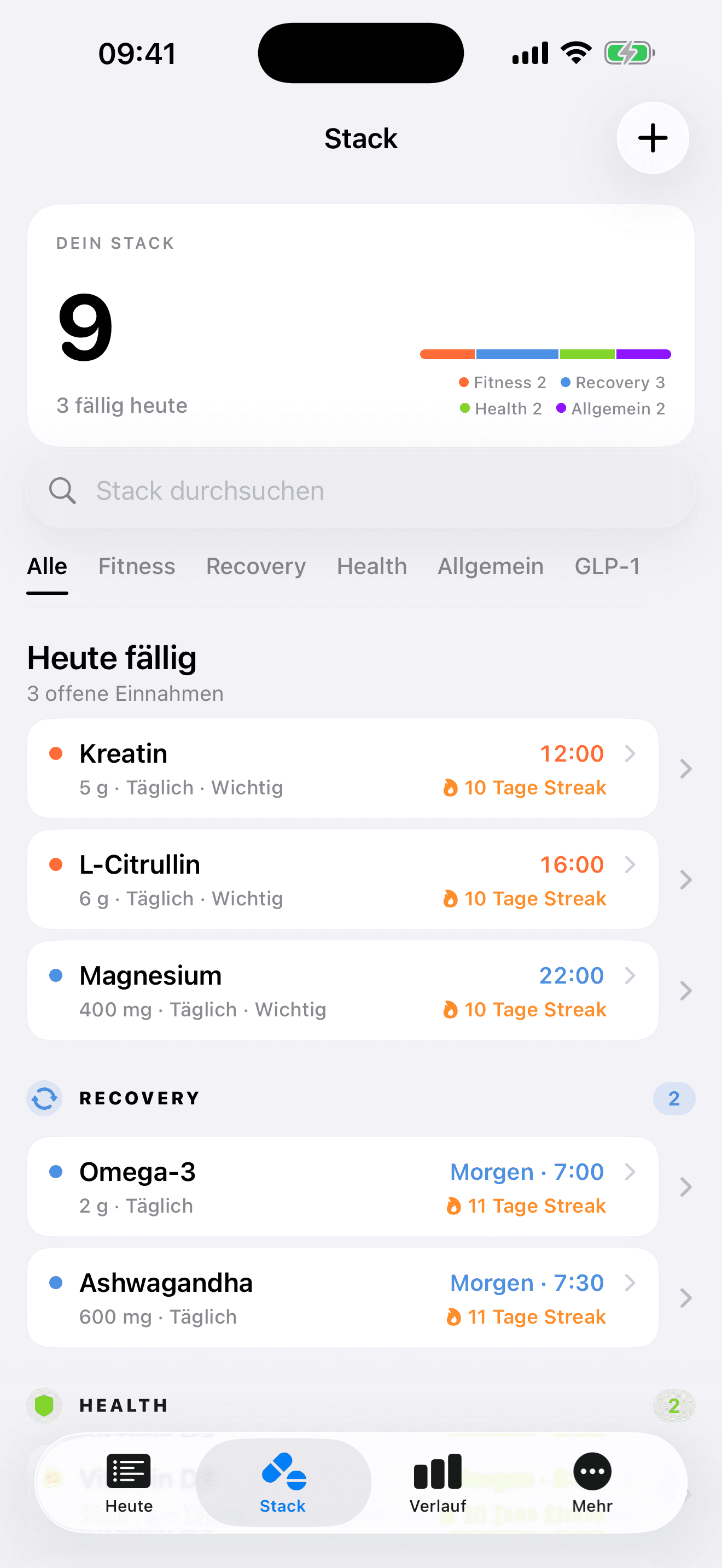 Stack-Cluster gruppiert nach Zielen mit Wochen-Score und Cluster-Compliance
