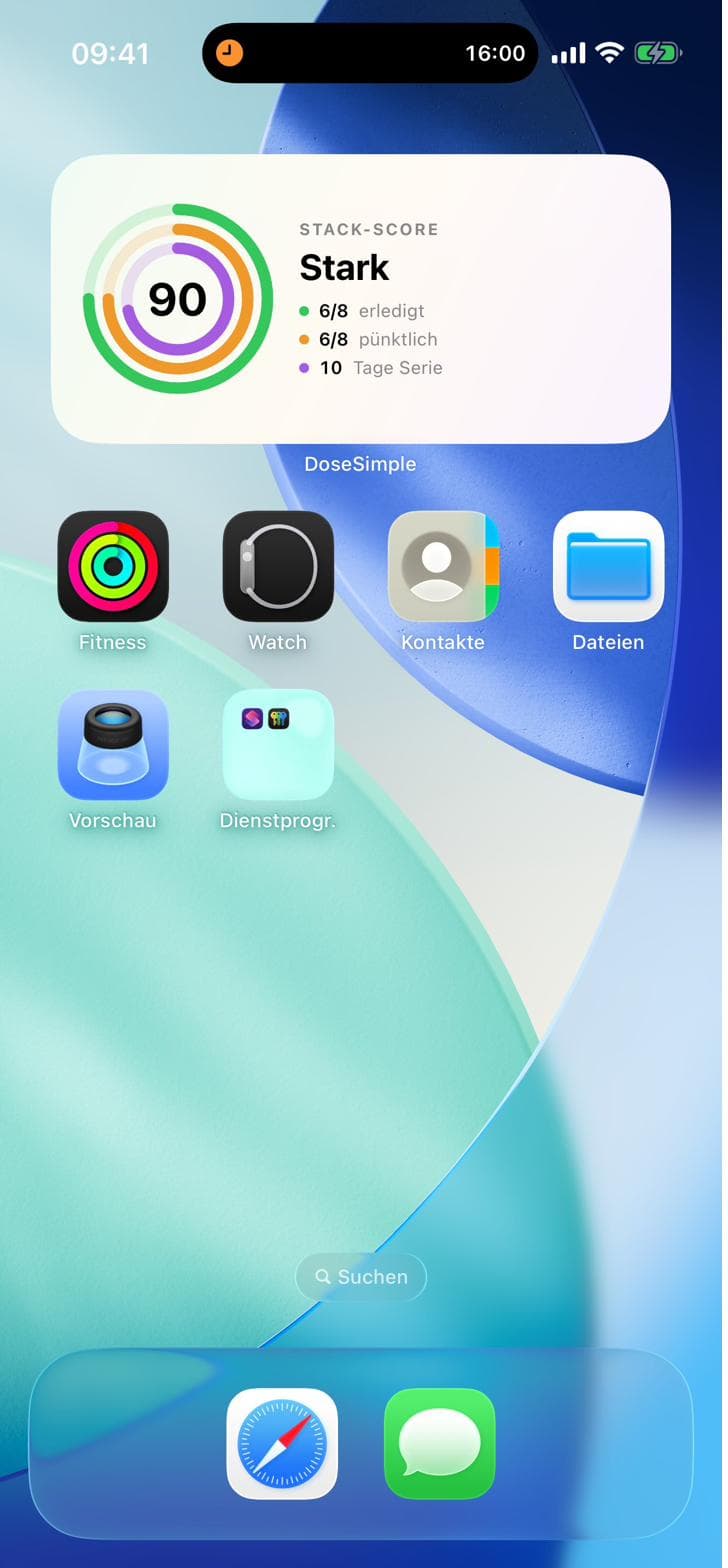Triple-Ring-Widget auf dem iPhone-Homescreen mit Stack-Score, Erledigt, Pünktlich und Streak