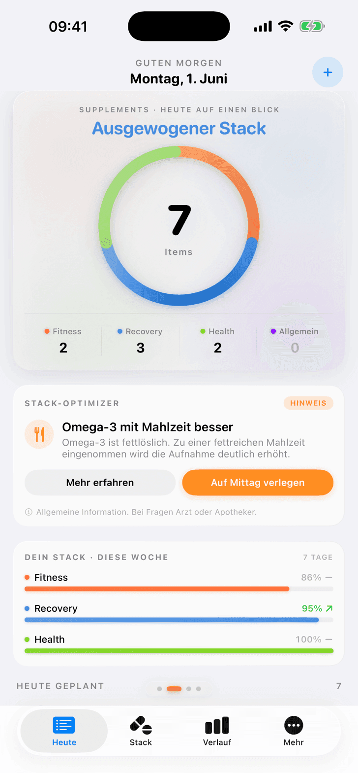 Stack-Übersicht mit Stack-Score, Cluster-Aufschlüsselung und Wochen-Compliance pro Cluster