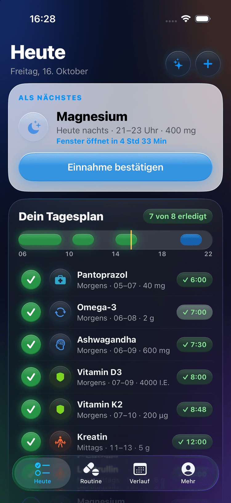 Heute-Ansicht im Dark Mode mit nächster Einnahme und Tagesplan