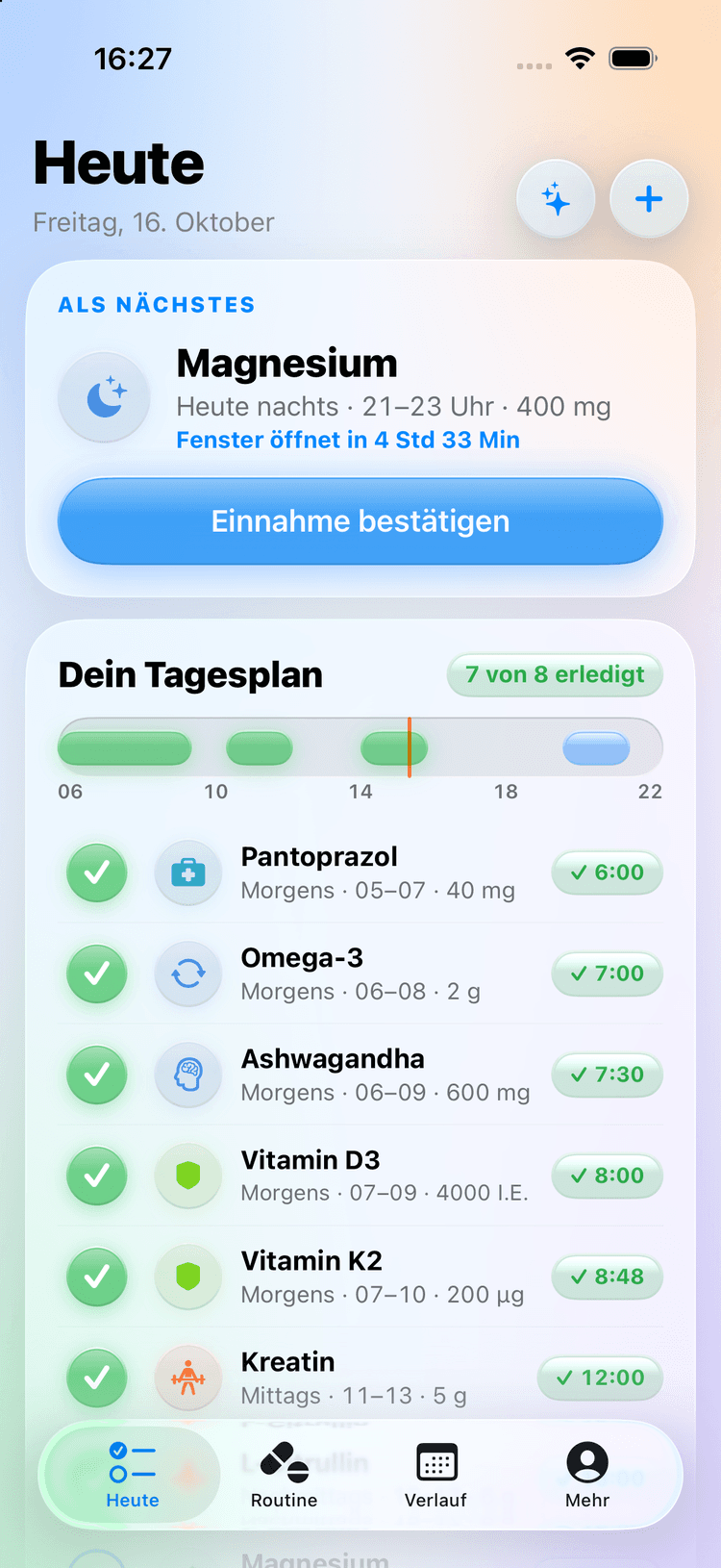 Heute-Ansicht mit Tagesplan und abgehakten Supplements